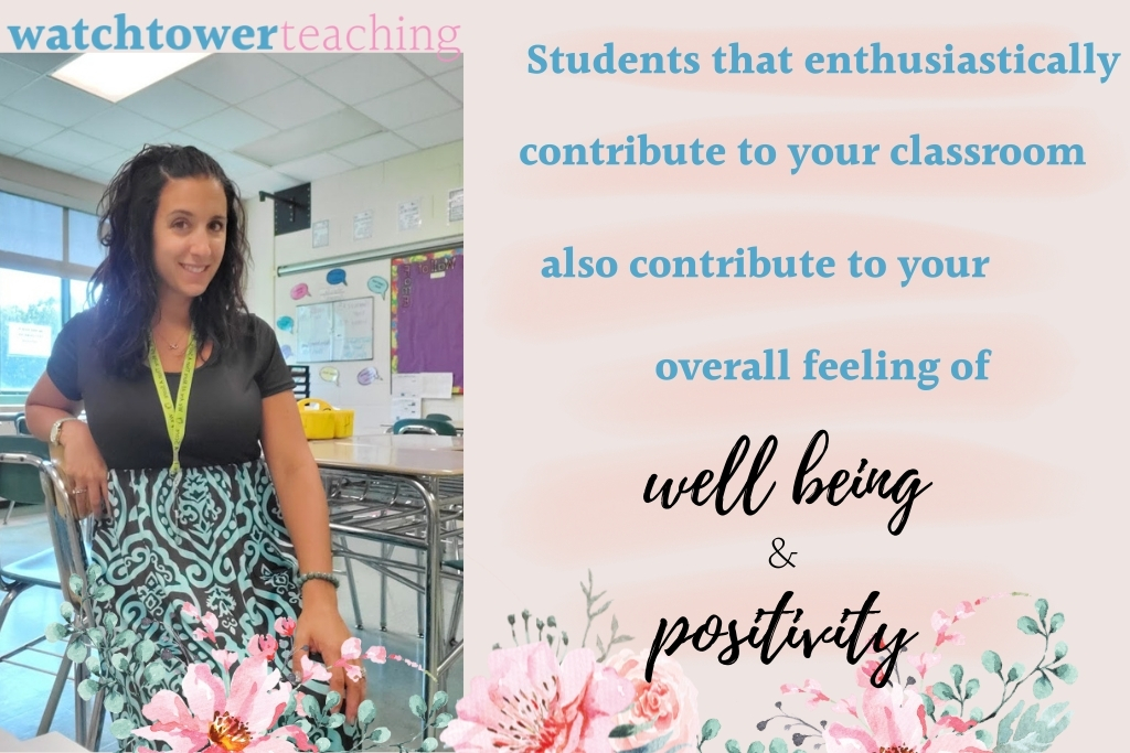 happy teacher smiling in her classroom because her students are positive contributors to class 