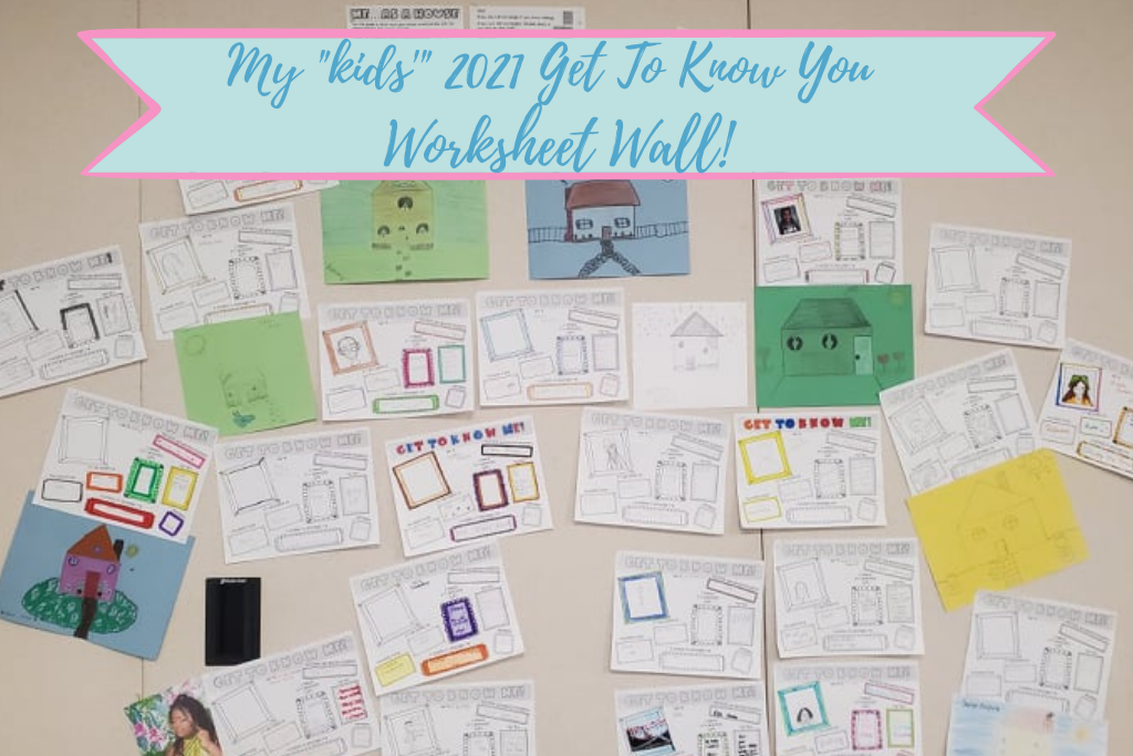 classroom wall with completed Get to Know You worksheets displayed